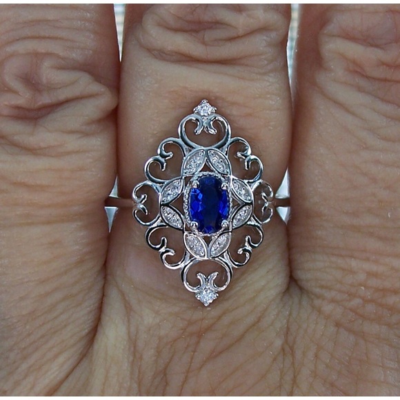 925 STERLING SILVER Simulated Blue Sapphire Cubic Zirconia Filigree Ring - Picture 12 of 16